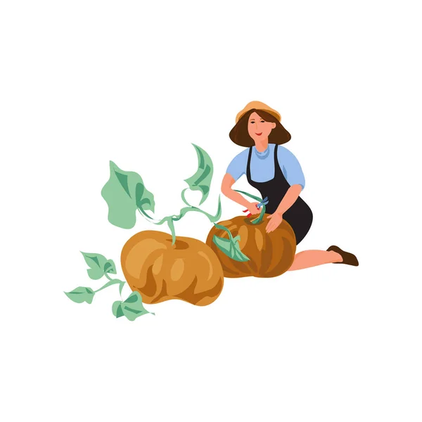 Mujer agricultor lindo recoger calabaza grande natural — Vector de stock