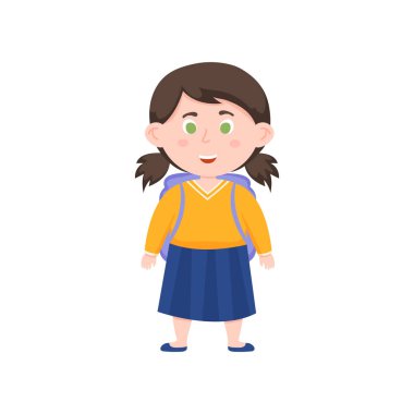 Yeşil gözlü ve mavi etek ile sevimli esmer okul kız