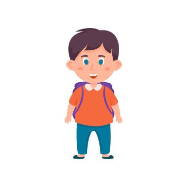 Mavi gözlü ve kot pantolon ile gülümseyen okul çocuğu