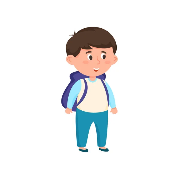 Divertido niño sonriente escuela con mochila azul y pantalones — Vector de stock