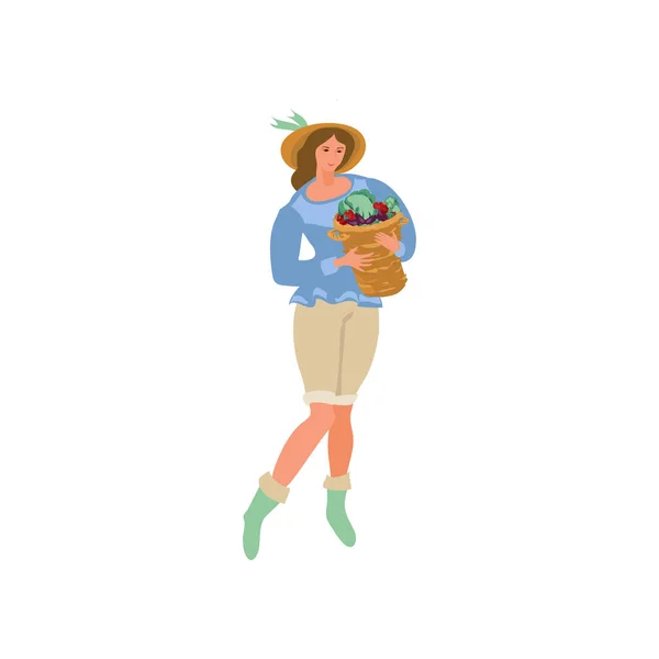 可爱的 农民 性感 女孩 采取 篮子 与 天然 产品 — 图库矢量图片