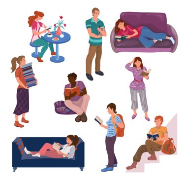 Farklı genç, sevimli öğrencilerin aktivite seti