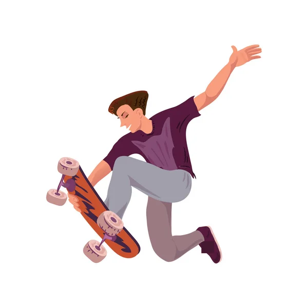 Молодой счастливый человек показывает экстремальный трюк скейтборда — стоковый вектор