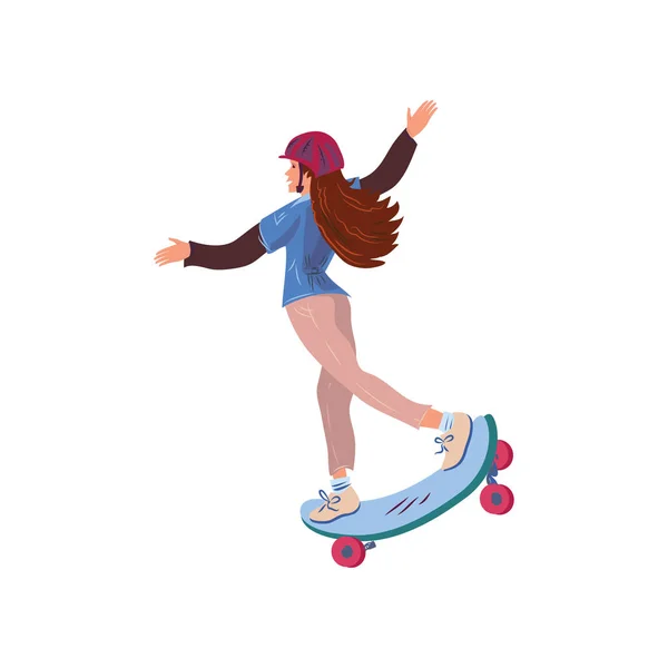 Mignon fille aux cheveux longs avec casque équitation planche à roulettes — Image vectorielle