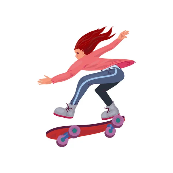 Linda chica de pelo rojo cabalgando muy rápido en el monopatín — Vector de stock