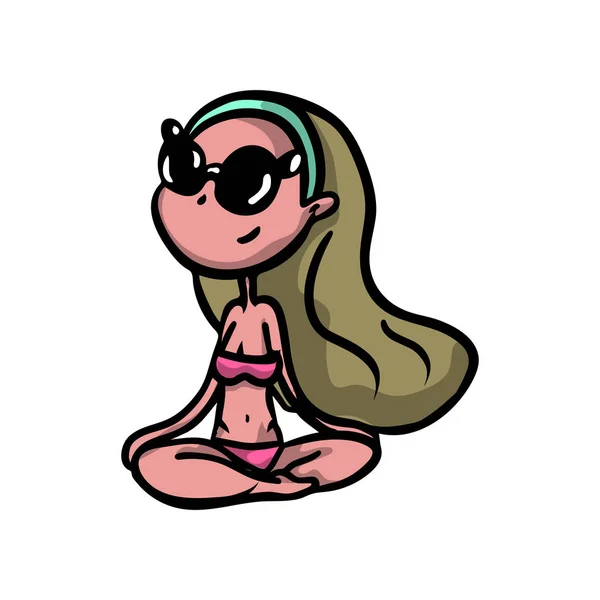 Schattig blond meisje in zonnebril in roze badmode nemen zonnen — Stockvector