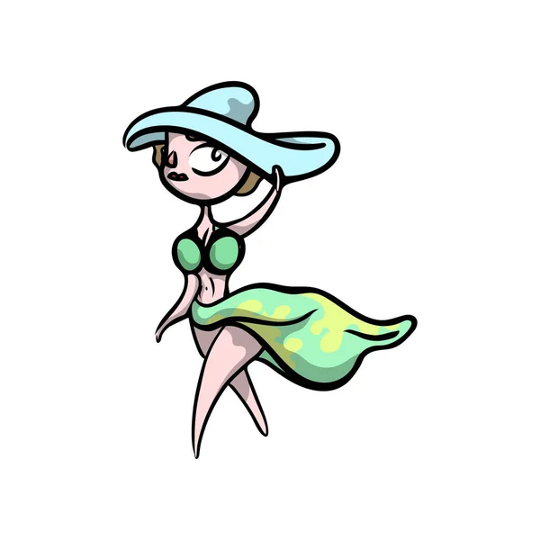 Cute blonde girl with blue beach hat in green swimwear — Stock Vector