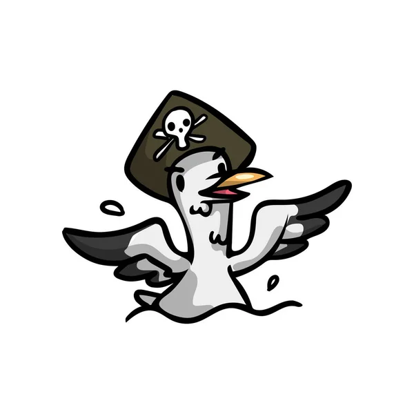 Seagull roztomilý pták s černými křídly a pirátským kloboukem — Stockový vektor