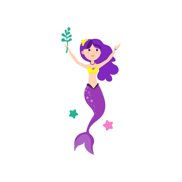 Young beautiful mermaid with purple color hair and tail — Stock Vector