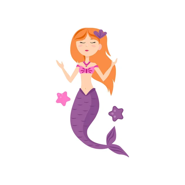 Cute red hair mermaid with violet tail with sea stars — Stock Vector