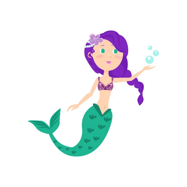 Beautiful colorful mermaid with violet hair and green tail — Stock Vector