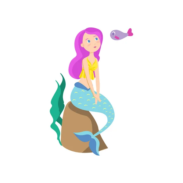 Beautiful marine mermaid with pink hair and blue tail — Stock Vector