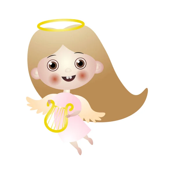 Linda morena ángel niño con arpa de oro y alas — Vector de stock