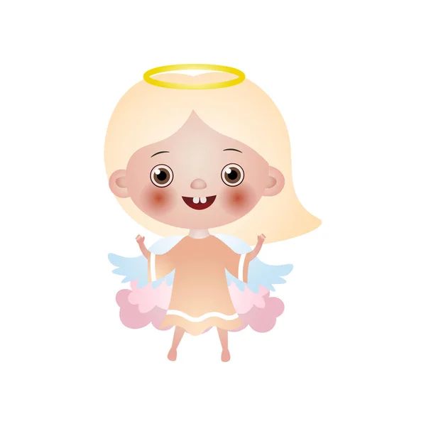Linda rubia chica feliz ángel estancia en la nube rosa — Vector de stock