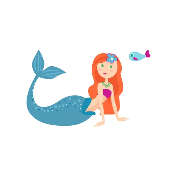 Cute long red hair mermaid and long blue tail — Stock Vector