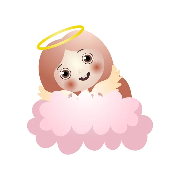 Bonito rosto anjo criança feliz com grandes olhos ficar na nuvem — Vetor de Stock