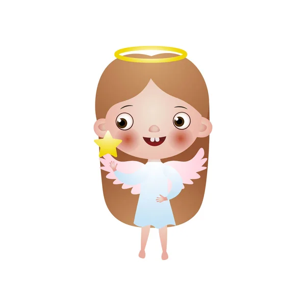 Linda chica de pelo largo ángel con alas rosadas — Vector de stock