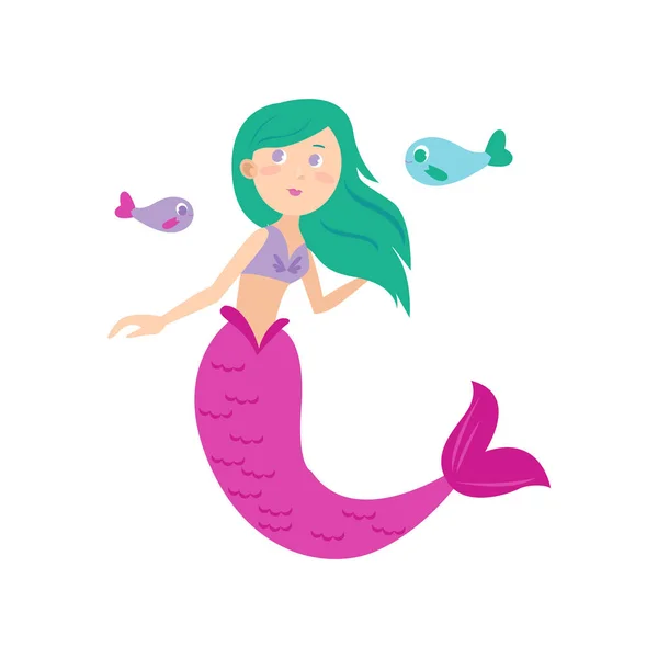 Cute green hair mermaid with long pink tail — Stock Vector