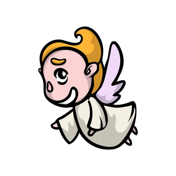 Cute blonde flying angel with wings and white clothes — Stock Vector