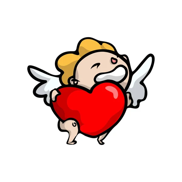 Cute smiling blonde kid angel with big red heart — Stock Vector
