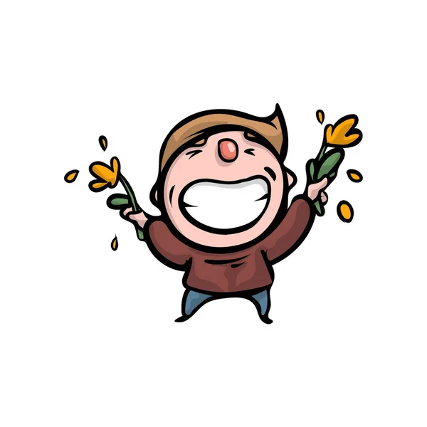 Bonito feliz sorrindo menino com flores amarelas — Vetor de Stock