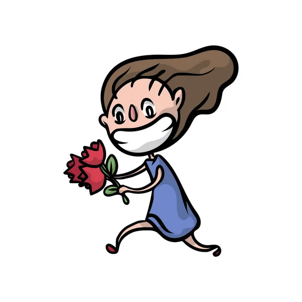 Χαριτωμένο χαμογελαστή μελαχρινή κορίτσι τρέχει με τουλίπες μπουκέτο — Διανυσματικό Αρχείο