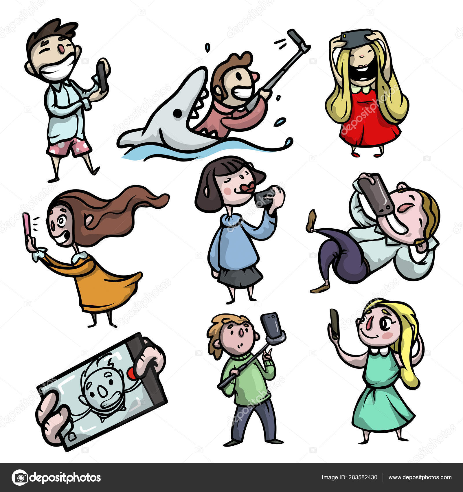 Set of cute and funny people characters that make selfie photo Stock Vector  Image by © #283582430