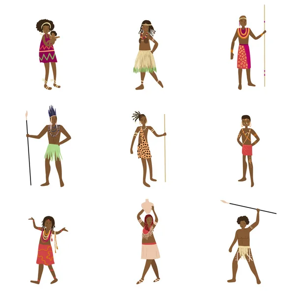 Seperangkat Afrika penduduk asli, pria dan wanita dalam pakaian tradisional - Stok Vektor