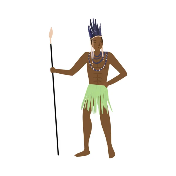 Fuerte guerrero aborigen africano con plumas de cabeza y lanza — Vector de stock