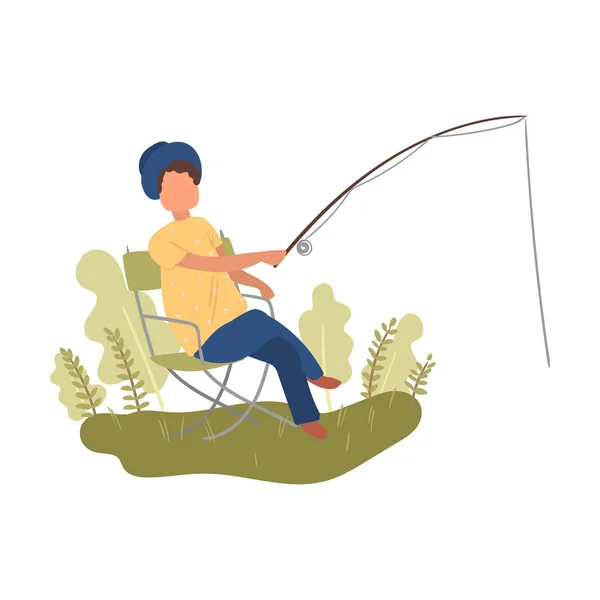 Cute woman with summer hat is on chair, fishing time — Stock Vector