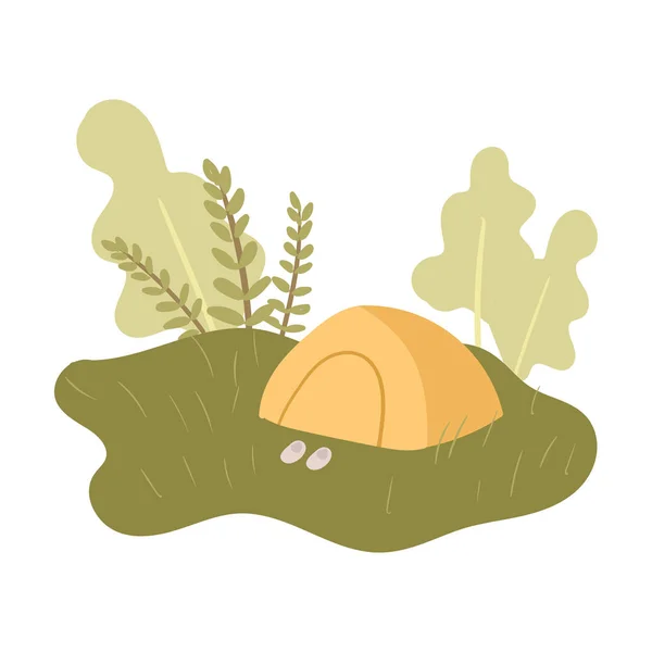 Repos pendant les vacances dans un endroit paisible de nature dans une tente jaune — Image vectorielle