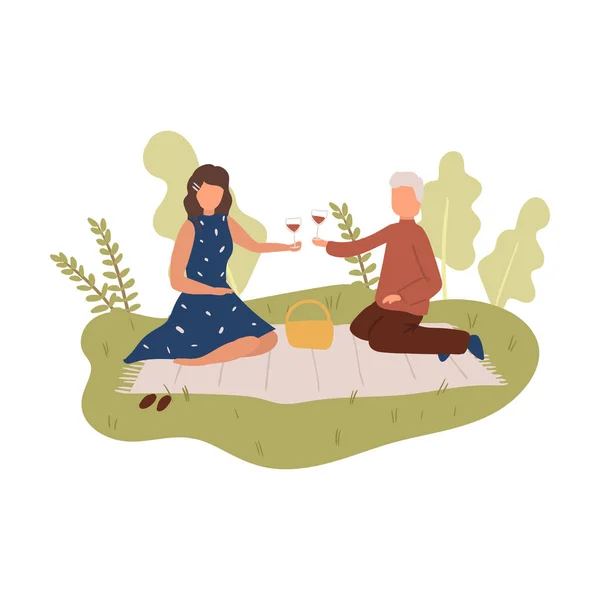Lovely people couple at nature picnic on cover with red wine — Stock Vector
