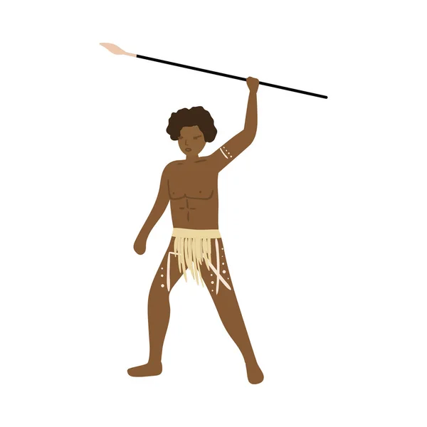 Aborigin african prajurit manusia dengan tombak logam panjang - Stok Vektor