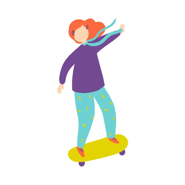 녹색 스케이트 보드에서 보라색 스웨터에 귀여운 빨간 머리 소녀 — 스톡 벡터