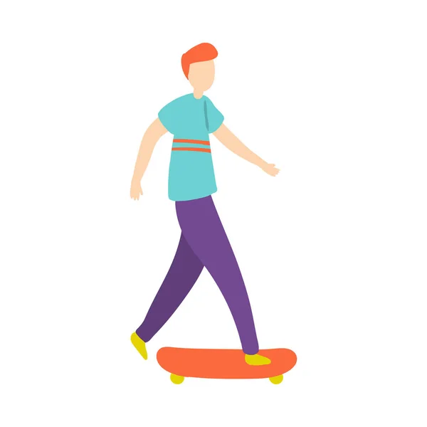 红头发小男孩与紫色裤子骑在滑板 — 图库矢量图片