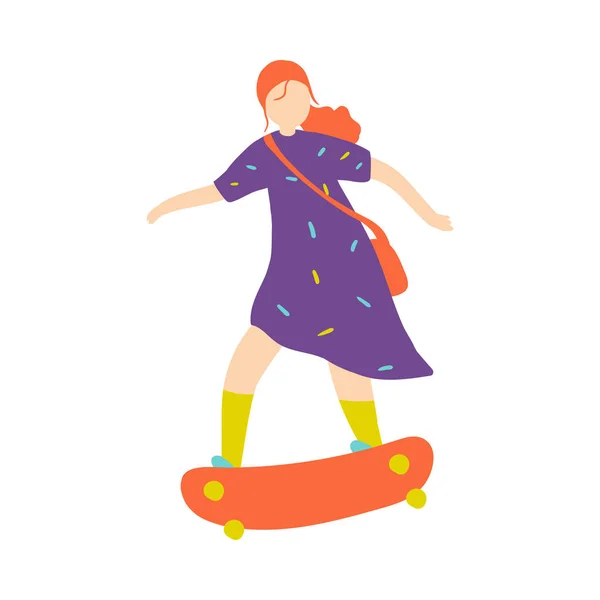 Милая рыжая девушка в фиолетовом платье катается на скейтборде — стоковый вектор
