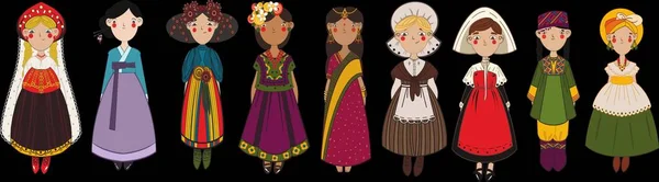 Ensemble de différents personnages de filles dans les vêtements de pays national — Image vectorielle