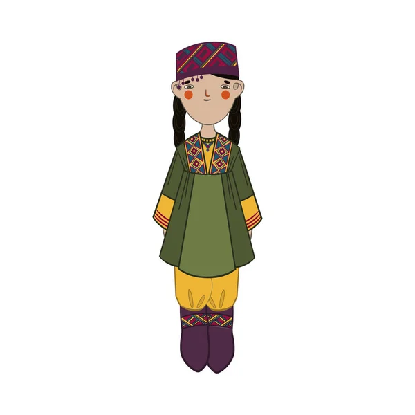 Linda chica con el pelo largo negro en uzbekistán ropa nacional — Vector de stock