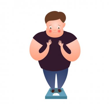 Sevimli şişman adam evde ağırlık ölçekler üzerinde kalmak