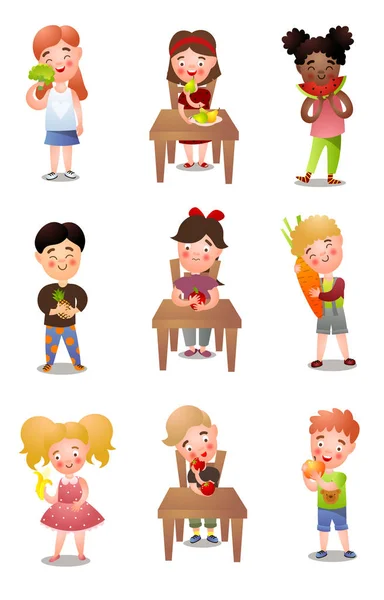 Set of different kids that eating healthy fresh food — Stock Vector