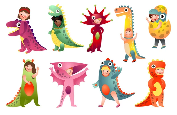 Zestaw uroczych dzieci w różnych kolorowych kostiumie Dino — Wektor stockowy