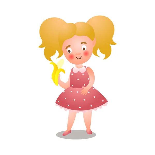 Bonito jovem loira menina no polca vermelho vestido comer amarelo banana —  Vetores de Stock