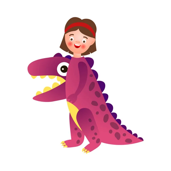Cute uśmiechnięta dziewczyna nosić Dino fioletowy kolor kostium — Wektor stockowy