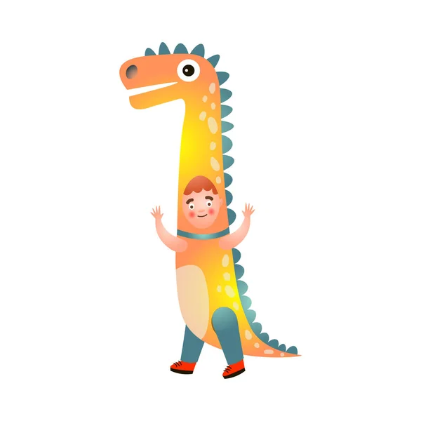 Милий червоне волосся хлопчик у великому костюмі динозавра — стоковий вектор