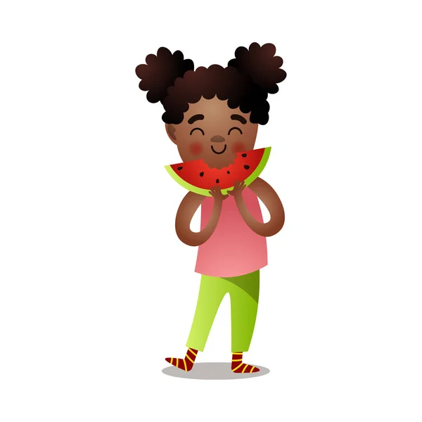 Gadis afro american lucu makan sepotong semangka segar - Stok Vektor