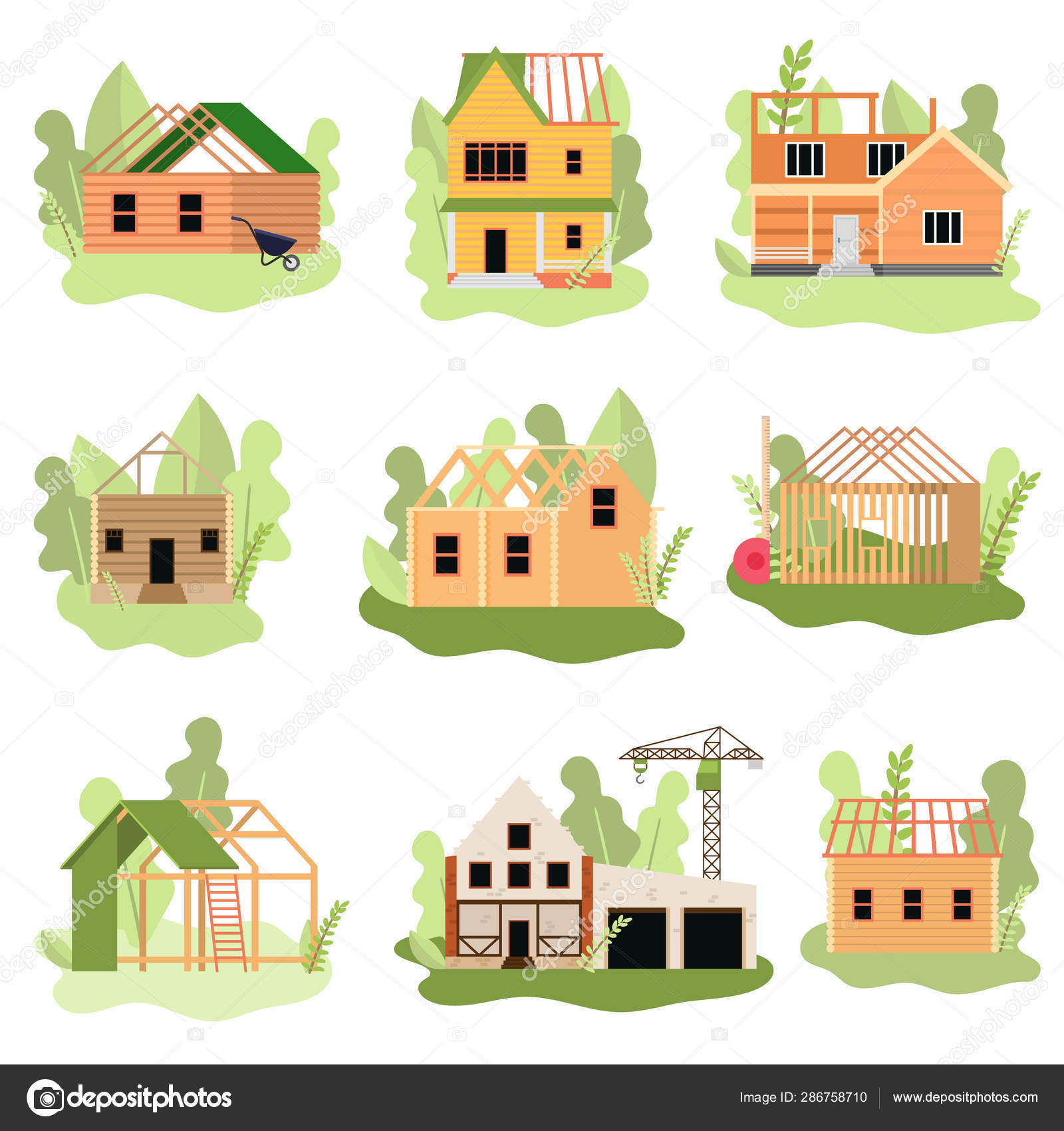 건설 중인 현대 목재 또는 석조 주택 세트 스톡 벡터 - ©greenpic.studio 286758710, image size:1600x1700
