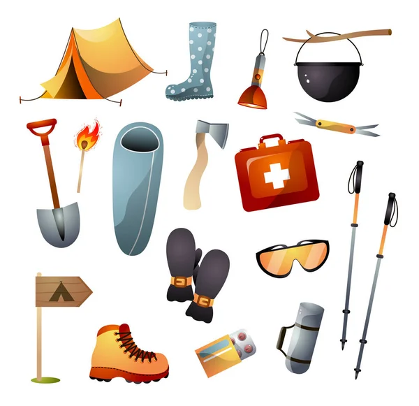 Conjunto de equipamentos turísticos ou ferramentas para caminhadas, escaladas e caminhadas —  Vetores de Stock