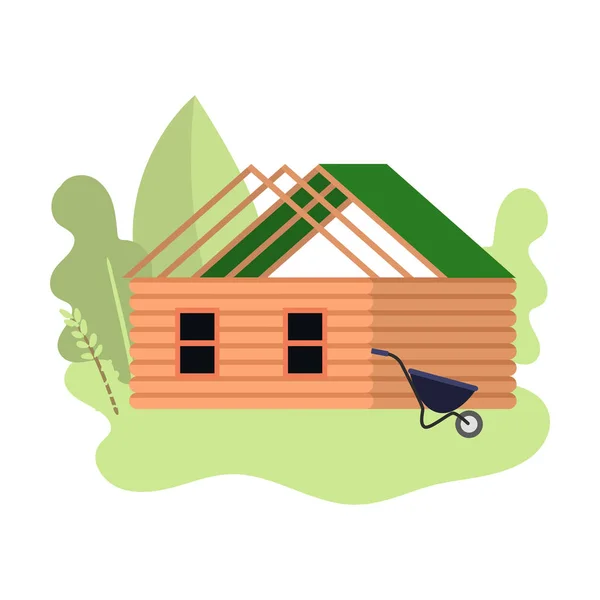 Pequeña casa de madera en construcción con techo verde — Vector de stock