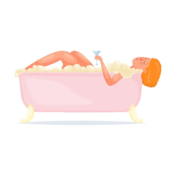 Linda chica de pelo rojo tomar un baño en la bañera de moda — Vector de stock