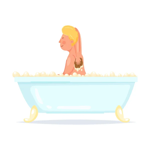 Cute blonde hair boy is washing his back in bathtub — Stock Vector